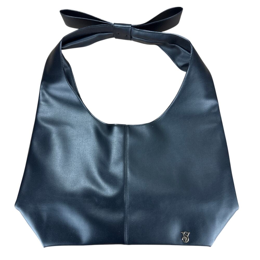 Victoria's Secret Black Faux Leather Bow Slouchy Hobo Shoulder Bag Tote VS